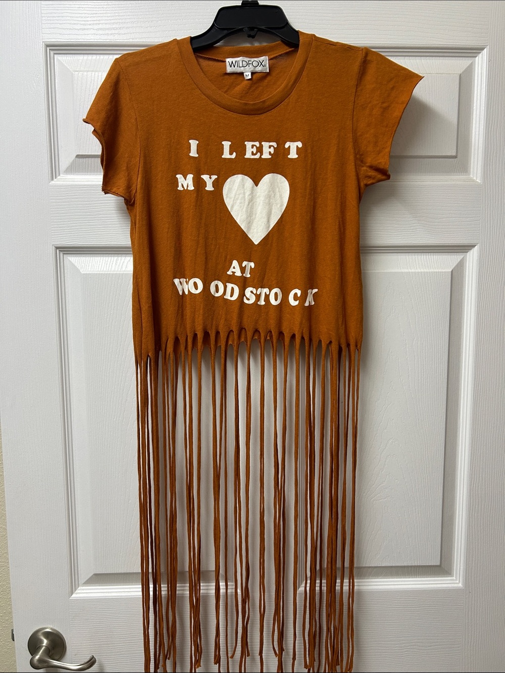 Wildfox women’s Rust Fringe Tee - 'I Left My Heart at Woodstock'